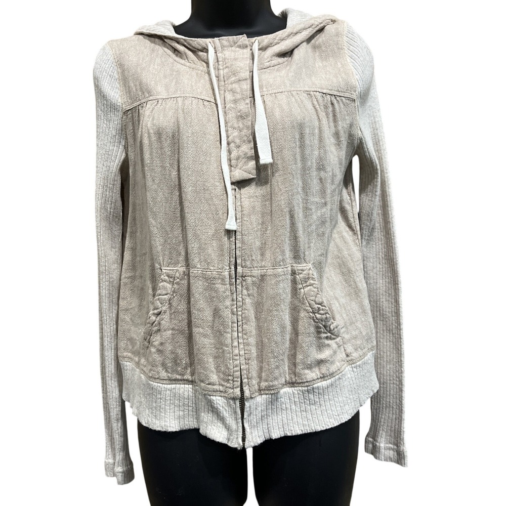 Saturday/Sunday Hoodie Womens S Beige Linen Blend Zip Mixed Media Anthropologie‎